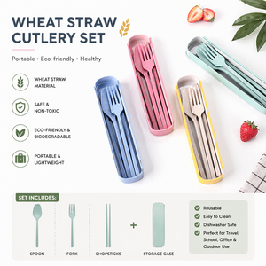 Ensemble de couverts portables en paille de blé, écologiques, réutilisables, cuillère, fourchette, baguettes, vaisselle de voyage avec étui, sans BPA - Product Image 3