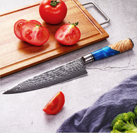 Couteaux de cuisine KEEMAKE de luxe en acier Damas à 67 couches avec manche en bois et résine bleue, couteau de chef Damas