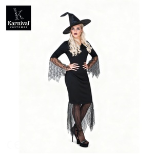 Vestido de bruja de encaje negro gótico ODM al por mayor con sombrero disfraz de película y TV para fiesta de Halloween para mujer - Product Image 3