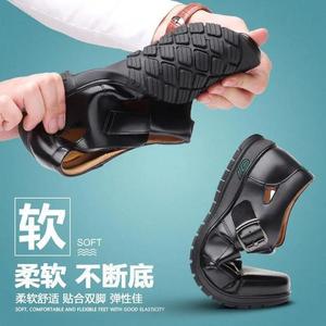 Sandales pour hommes en cuir véritable à brides croisées, bout fermé, semelle en caoutchouc antidérapante, chaussures décontractées d'été, noires - Product Image 2