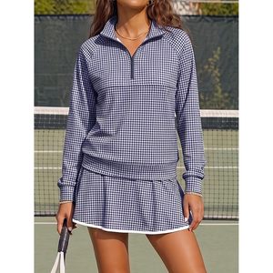 Custom Womens 2 Piece Gingham Set Half Zip Sweatshirt Mini <b>Skort</b> Stand Collar Long Sleeve Preppy Style Above Knee - Product Image 3