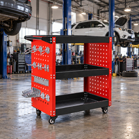 Chariot à outils mobile TYRAFINE à 3 niveaux avec panneau latéral perforé pour le rangement dans le garage, la réparation automobile, chariot organisateur d'outils en acier
