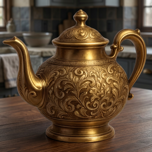กาน้ำชาทองเหลืองโบราณพร้อมฝาและหูจับ ลายสลักประณีต กาต้มน้ำโลหะ - Product Image 2