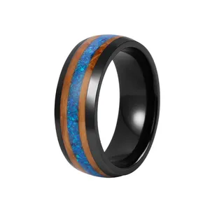 Dôme concassé opale bleue incrustation Bague en zirconium noir avec tonneau de whisky bois tonneau de whisky bois Alliances pour hommes