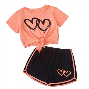 Girls Customizable Brand 2-Piece Casual Set Short Sleeve Top Elastic Waist Shorts Floral Pattern Breathable Polyester/Cotton - Product Image 1