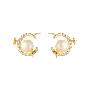 Star Moon Pearl Stud <b>Earrings</b> Gold Plated With Zircon 925 Silver <b>Post</b> For Women - Product Image 5