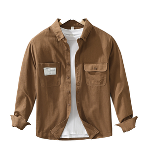 เสื้อเชิ้ตทำงานลำลองผู้ชาย ผ้าฝ้ายทวิล 100% ระบายอากาศได้ดี แขนยาว มีกระเป๋าใช้งานได้จริง ทรงหลวม กระดุมแถวเดียว - Product Image 1