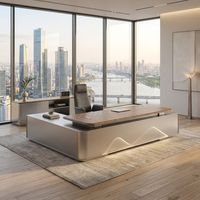 Ensemble de mobilier de bureau exécutif minimaliste, grand bureau de direction contemporain avec panneau lumineux unique et placage en noyer