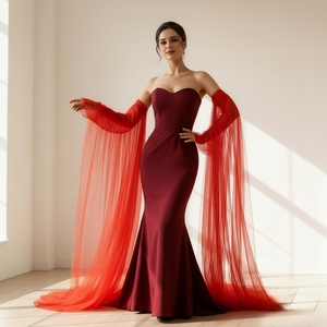 YouLaPan VG136-R Cape de Mariée Longue à Traîne avec Manches Châle, en Maille Rouge Simple Couche, Dentelle Amovible, Confortable à Porter - Product Image 4