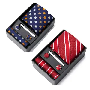 Cravates Design classique hommes Polyester soie affaires cravate poche bouton de manchette coffret Corbatas cadeau fête de mariage cravate