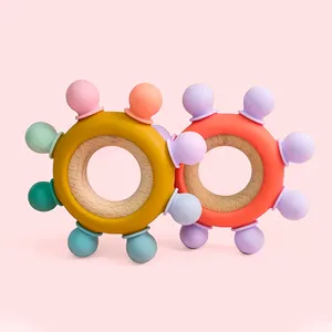 Neu gestalteter Silikon-Beißring in Lebensmittel qualität Lebensmittel geprüftes Silikon-Buchenholz-Ring-Kinderspiel zeug