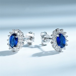 Pendientes de Botón Ovalados de Plata de Ley 925 de Lujo con Zafiro, Joyería de Compromiso y Boda con Circonita Azul para Mujer, Venta al por Mayor - Product Image 4