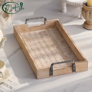 Bandeja de café estilo japonés para mesa de café, bandeja de servir con textura de bambú tejido y patrón de madera para sala de estar, hogar, plato de frutas - Product Image 2