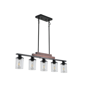 Luminaire suspendu pour îlot de cuisine de style ferme industriel à 5 lumières, 37 pouces, en <span class=keywords><strong>métal</strong></span> et <span class=keywords><strong>bois</strong></span>, avec abat-jour en verre transparent (sans ampoules) - Product Image 3