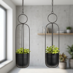 Produit de qualité supérieure Ensemble de jardinières rondes suspendues en fer noir de 2 pièces attrayantes et de luxe pour la décoration intérieure de la maison et de l'hôtel - Product Image 2
