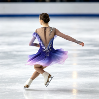 Robe de patinage artistique dégradé bleu, violet et rose, à volants, avec une manche flottante, dos profond en maille et strass pour la compétition