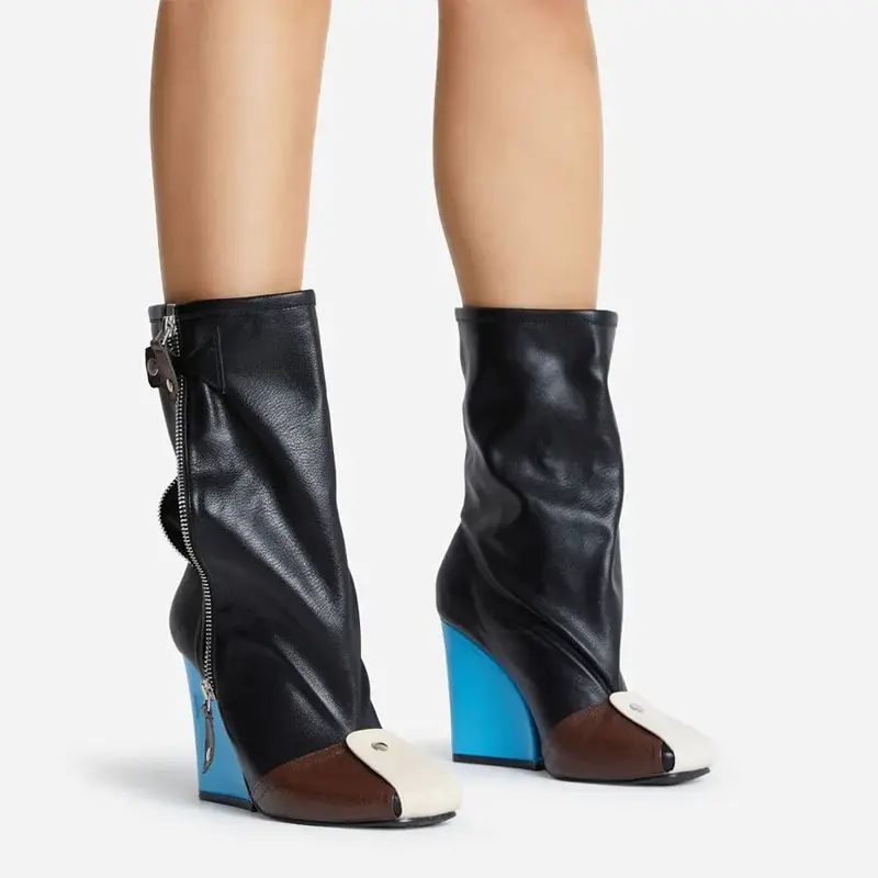 Support OEM/ODM Square Head Designer Knee High Boots Women Color Matching Genuine Leather Strange Heel Knee Boots Zipper Up Shoe