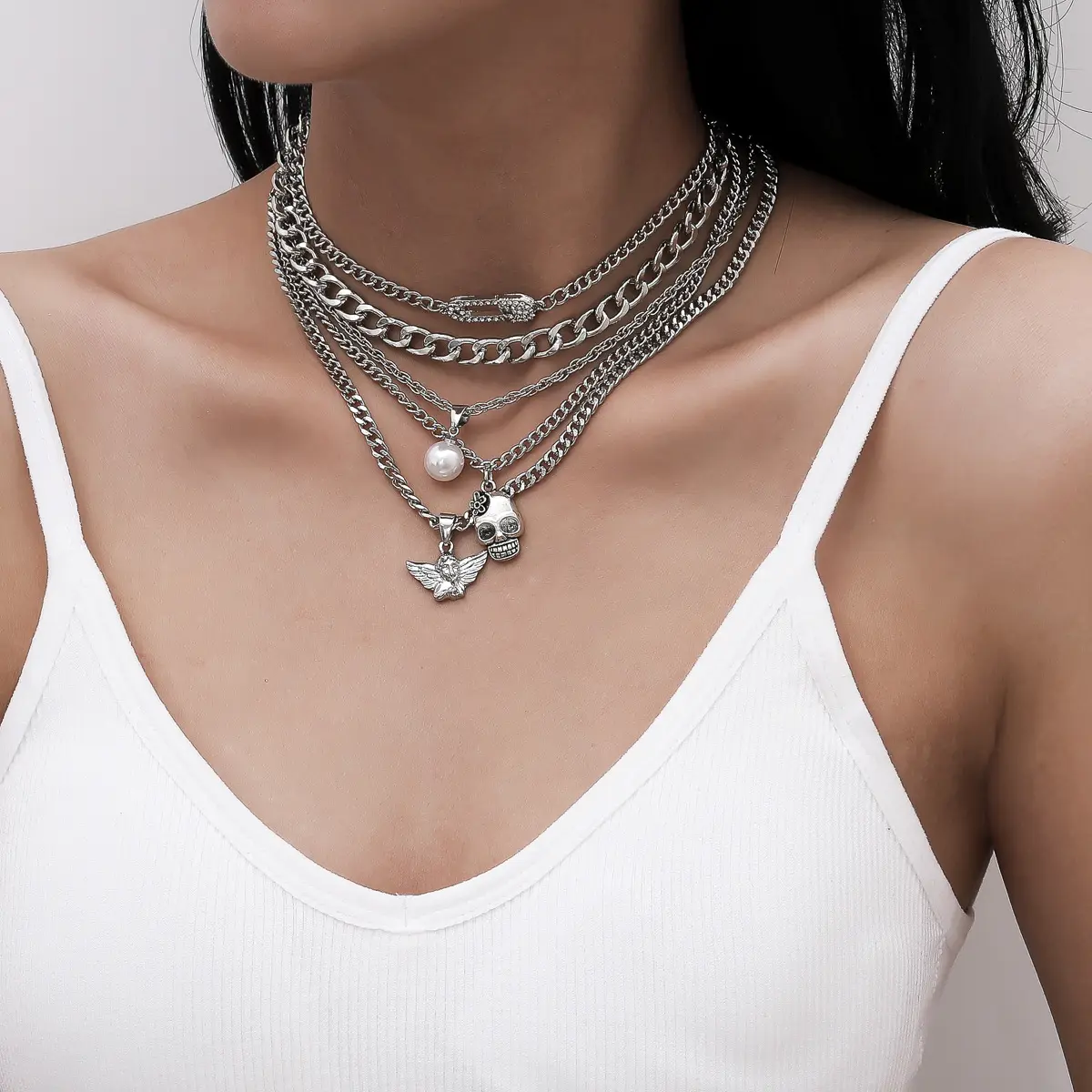 Украшения преувеличенный микро-инкрустация многослойное женское ожерелье в стиле панк, в стиле «хип-хоп» Pin череп ожерелье