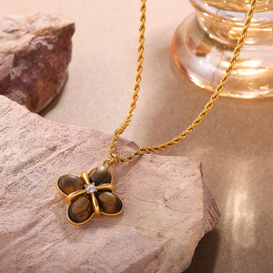 Flower Pendant Necklace 18K Gold Plated Tiger's Eye Oval Stones Round Diamond <b>Rope</b> <b>Chain</b> Classic Style Unisex Jewelry - Product Image 2