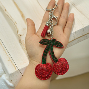 Cute Crystal Rhinestone Cherry Keychain Red Fruit Bag <b>Charm</b> with Tassel Bell Keyring for Women - Product Image 2