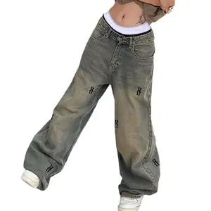 Hip hop estilo cintura baixa carga retro jeans soltos Streetwear casual larga perna calças calças para as mulheres