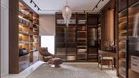 Système de dressing moderne de luxe avec cadre en aluminium, portes en verre et éclairage LED, armoire sur mesure pour chambre principale