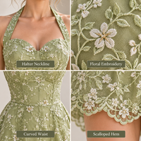 Mini-robe personnalisée pour femme en dentelle et maille, broderie florale, col licou, corsage style corset, ourlet festonné, coupe trapèze, pour occasions
