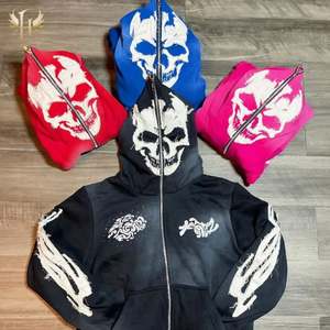 Sweat à capuche unisexe surdimensionné avec logo personnalisé, motif tête de mort, style streetwear hivernal, effet délavé, broderie et patch, 100% coton - Product Image 4