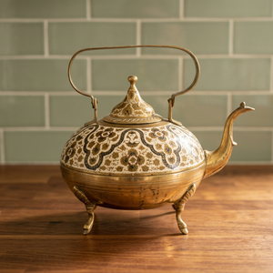 Oriental Metal Tea Kettle With <b>Lid</b> Decorative Floral Pattern Metal Handle Three Legs - Product Image 2