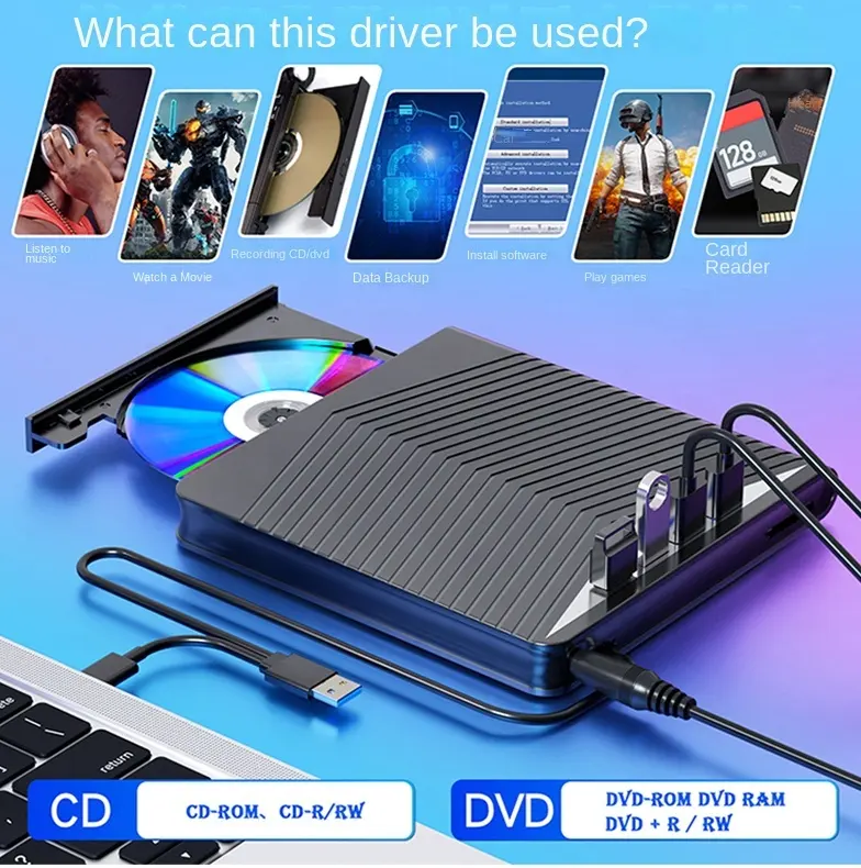 La última unidad óptica externa 7 en 1 con HUB y reproductor de disco flash USB Lector de tarjetas SD/TF Grabadora de DVD CD para computadora portátil