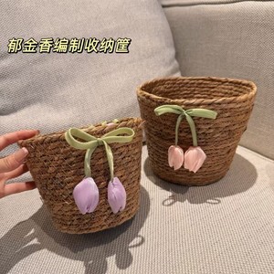 Handmade Woven Storage Basket Round Straw Tulip Decor Desktop Organizer Office Supply - Product Image 4