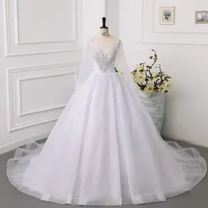 Gaun pengantin bermanik kristal mutiara, gaun pesta ukuran besar buatan kustom leher ilusi lengan panjang dengan ekor 2024