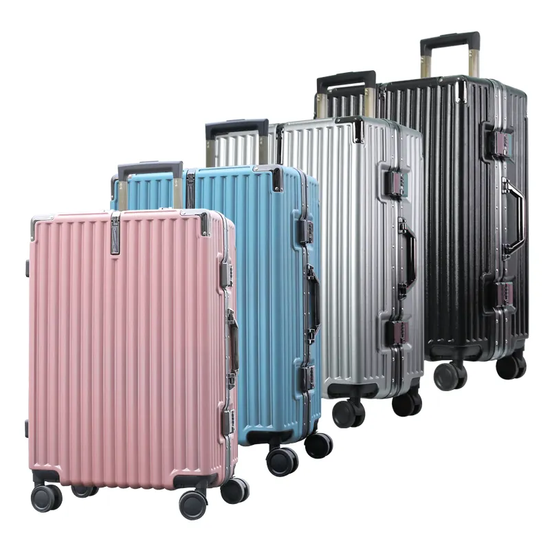 Özel Logo seyahat bagaj dayanıklı paslanmaz çelik çubuk alüminyum lüks bavul seyahat için şifreli kilit ile