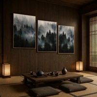 Triptyque encadré d'art mural Forêt Brumeuse, Impression sur toile avec Pin, Brume et Silhouette d'Oiseau God Ray, Décoration de luxe éthérée pour Salon et Hôtel