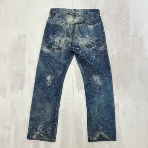 2024 baru kustom boro diperbaiki berat tertekan atas pewarna hancur cuci tambalan suar ditumpuk desainer pria Jeans