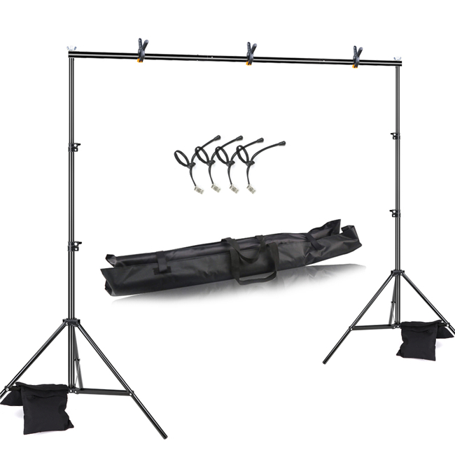 Photo Studio Backdrop Support System, 10ft/3m Wide 6.6ft/2m High Adjustable Background Stand with 4 Crossbars, 6 Backdrop Clamps, 2 Sandbags, A