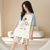 Setelan Piyama Wanita Musim Panas Katun Lengan Pendek Celana Pendek Motif Kartun Lucu Longgar Ukuran Besar Dua Potong Baju Tidur Santai