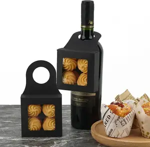 Black Paper Wine Bottle Box with Window Hanging Foldable Wine Bottle Gift Boxes Charcuterie Box for Gifts Hold Candy Favor Bag