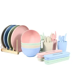 Kleurrijke Herbruikbare Eco Vriendelijke Tarwe Stro Plastic Picknick Servies Set Diner Servies Set Voor Kinderen En Volwassenen