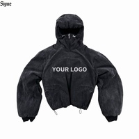 Blouson Bomber Homme Personnalisé 2026 avec Logo, en Denim Toile Délavé à l'Acide, à Capuche, Coupe Oversize Streetwear Boxy, Broderie 3D Unie