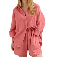 Ensemble deux pièces short et haut à manches longues coupe ample 100 % coton pour femme, collection Printemps-Automne 2026