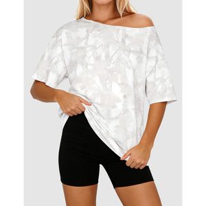 Women Off The Shoulder Camo T Shirt Short Sleeve Oversized Boat Neck <b>Top</b> Casual Everyday Wear Breathable Polyester - Product Image 3