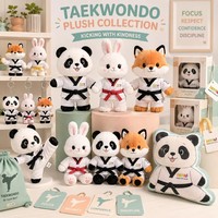 Ensemble de peluches Taekwondo Rétro Mignonnes Thème Forêt, Poupées Panda, Lapin, Renard en Uniforme de Couleur avec Ceinture