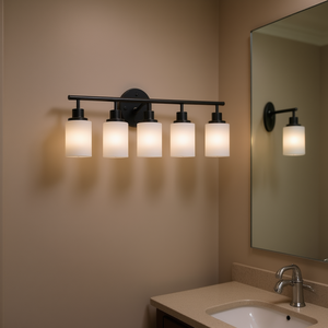 Lámpara de Pared Moderna para Baño de 5 Luces, 31 Pulgadas, Vidrio Blanco Esmerilado, Marco de Hierro Negro, Iluminación Interior Regulable - Product Image 2