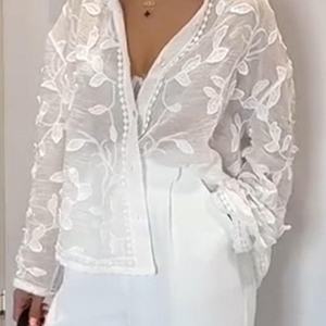 Nouvelle chemise décontractée brodée en tissu doublé à boutons, style western, à manches longues et dentelle pour femme - Product Image 1