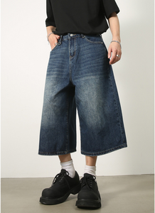 Shorts en jean délavé coupe droite décontractée et tendance pour homme, style vintage usé, longueur sept-huizièmes, idéal pour l'été - Product Image 3
