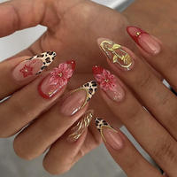 Lot de 24 faux ongles à presser, motifs floraux 3D, perles, œil de chat, strass, colorés, style français, semi-artisanaux, pressés à la machine, collection printemps-été