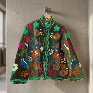 Wholesale Handmade Velvet <b>Cat</b> Embroidered Jacket Women Boho Winter Short Coat Ethnic Cute Animal Motif Casual Outerwear - Product Image 4