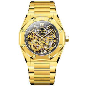 Montre-bracelet mécanique automatique de luxe pour hommes lunette vis or squelette conception étanche en acier inoxydable bande verre cadran fenêtre - Product Image 2