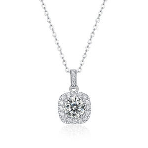 Classic Cushion Halo Lab Created Diamond Necklace, Round Cut Solitaire with <b>Square</b> Frame Pave Halo Pendant in 925 Silver - Product Image 1